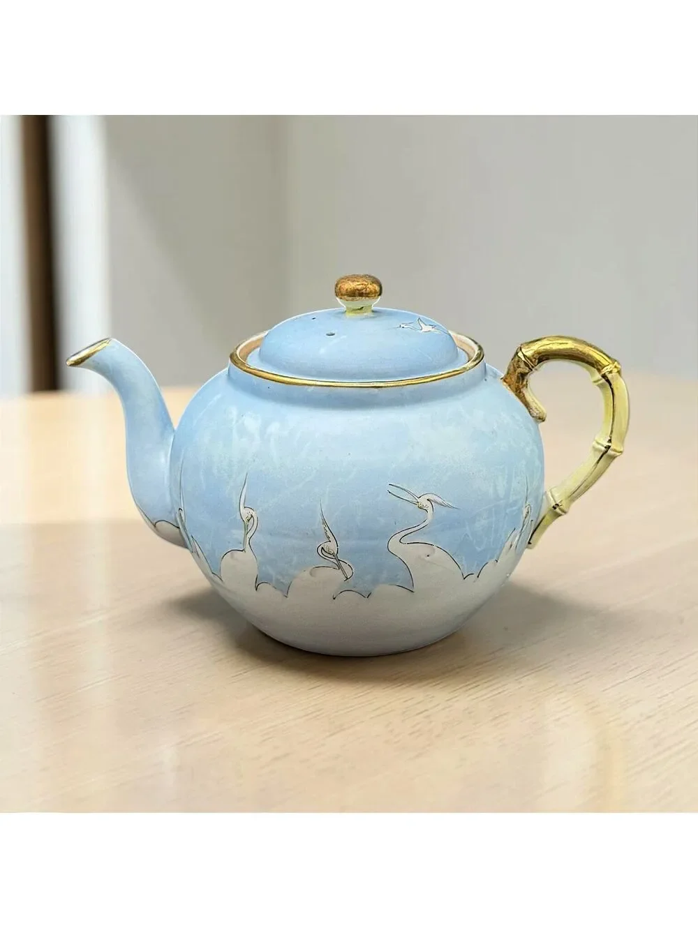 Antique Nippon Hand Painted Crane Porcelain Tea Set Blue Gold (Total of 16 Pc)